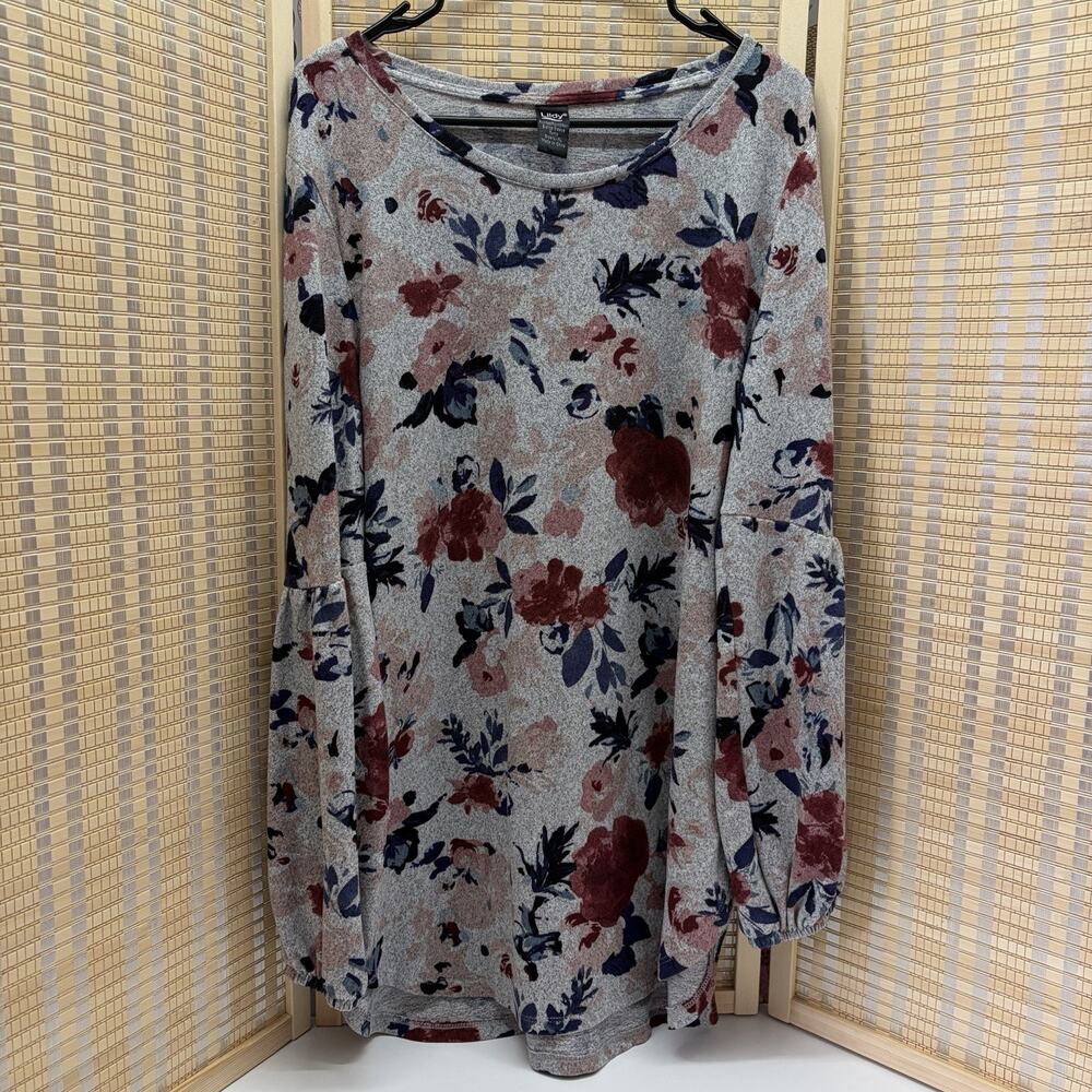 Lildy Top Women's L-XL Gray Floral Bishop Sleeve Tunic